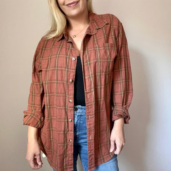 Bass Burnt Orange Plaid Flannel Button Down Shirt - Picture 1 of 10